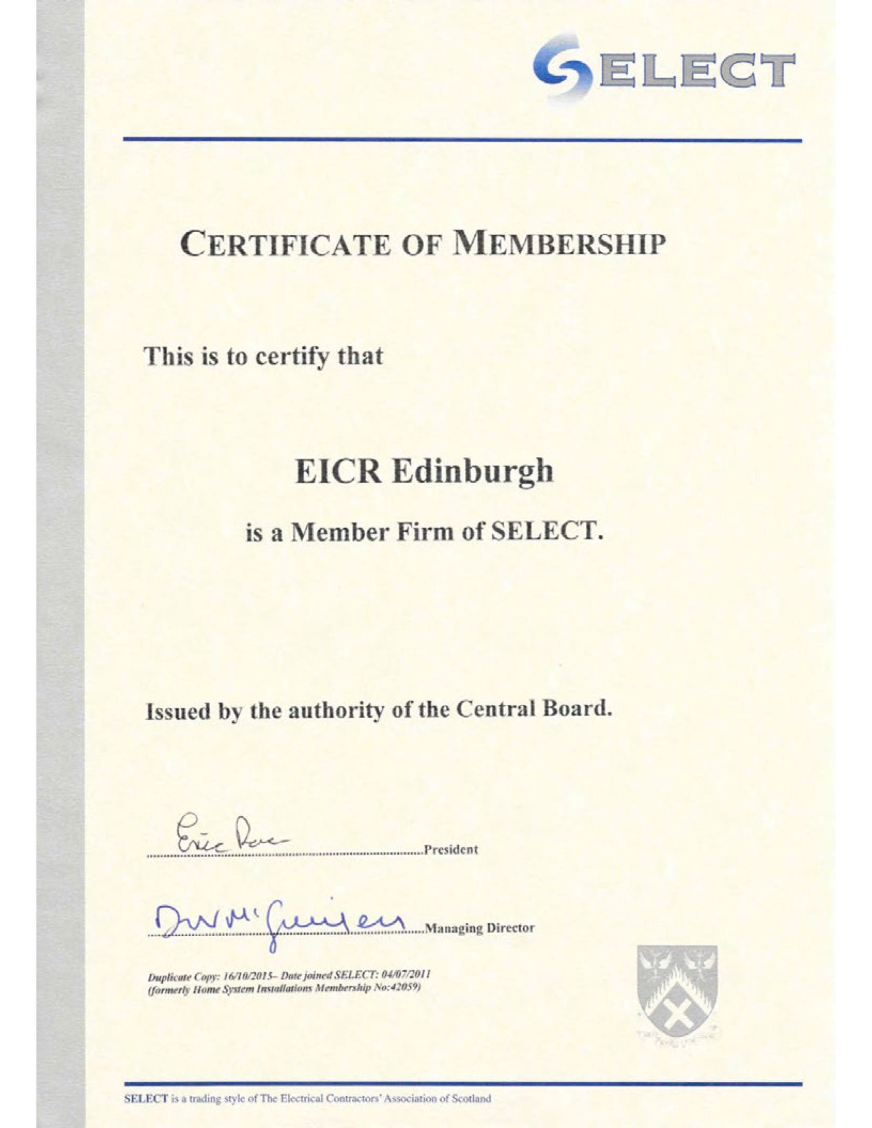 EICR is SELECT Scotland Registered